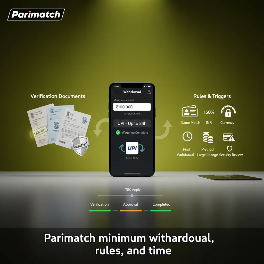 Parimatch India withdrawal guide: KYC, ₹200 min/₹100k max, same-method, bonuses wagered, UPI up to 24h, INR name match.