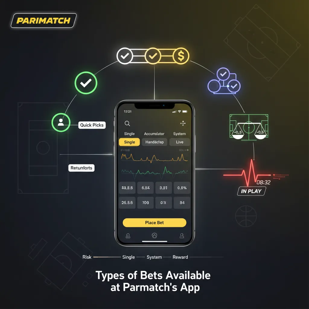 Parimatch app bet types: Single, Accumulator, System, Handicap/Asian handicap, and Live bets.